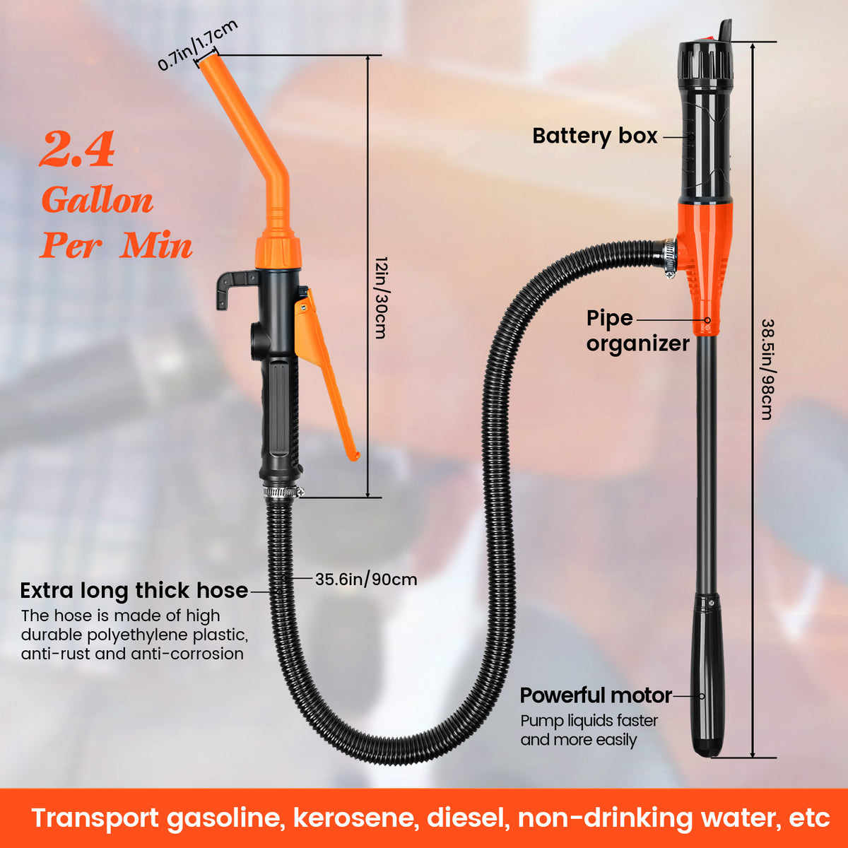 2P Portable Power Battery Pump, Battery Powered Siphon Fuel Transfer Pump