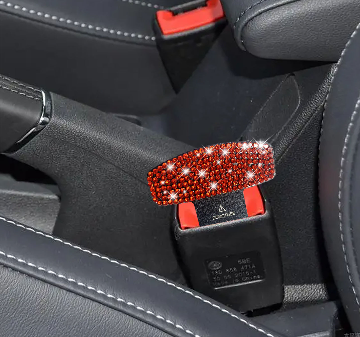 universal seat belt clip pad trim accessory in Red Diamond for car interiors - installation detail